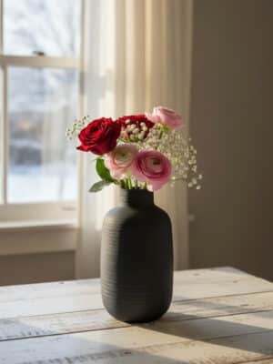 Matte black textured oblong metal vase holding a mixed bouquet of red and blush blooms on a rustic whitewashed table in window light.