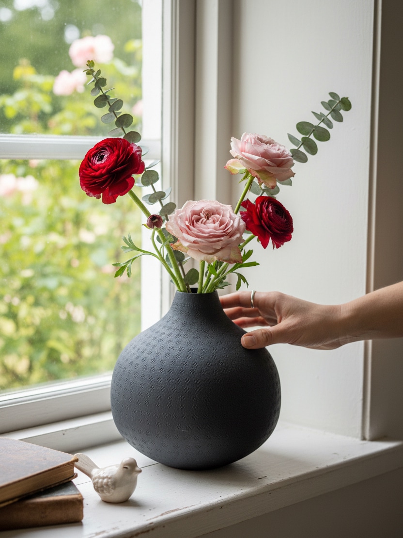Hand arranging red and pink flowers in a matte black textured round vase on a windowsill with greenery outside.