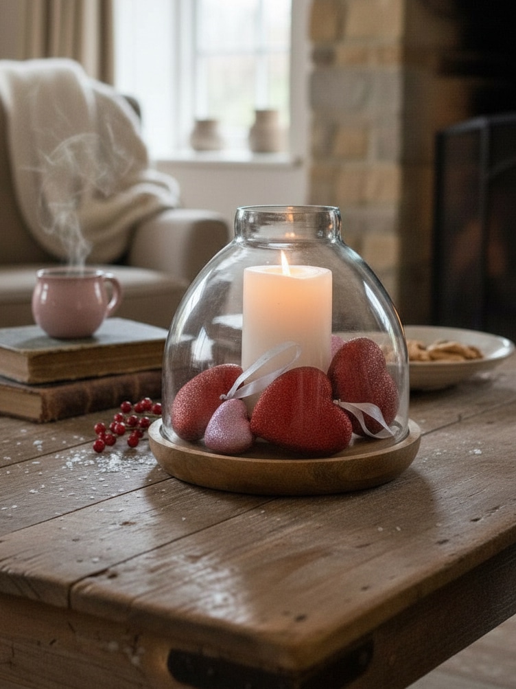 Large wood and glass hurricane candle holder on a coffee table, featuring a clear glass cloche over a pillar candle on a carved mango wood base.