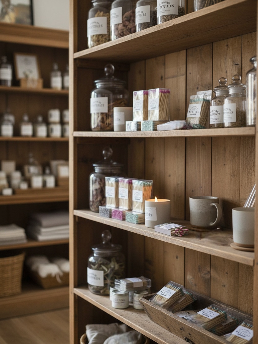 Made Market Co shop shelves stocked with match jars, refills, and home goods in a warm wood display.