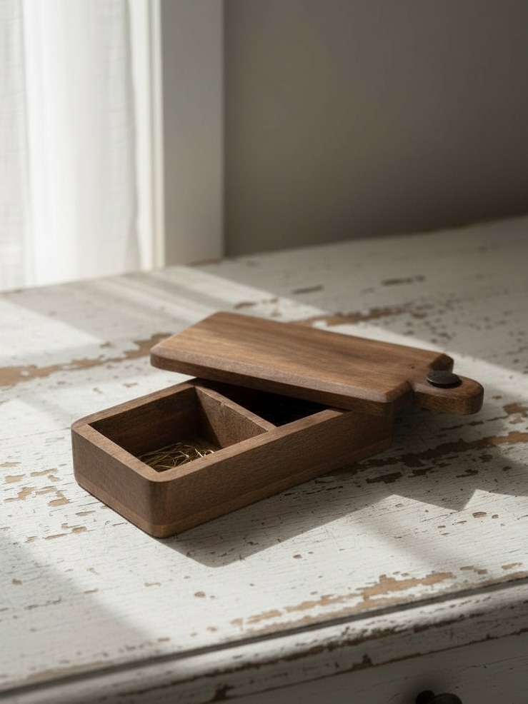 Wood Storage Box Long with a sliding lid sits open on a distressed white tabletop, showing two divided compartments.