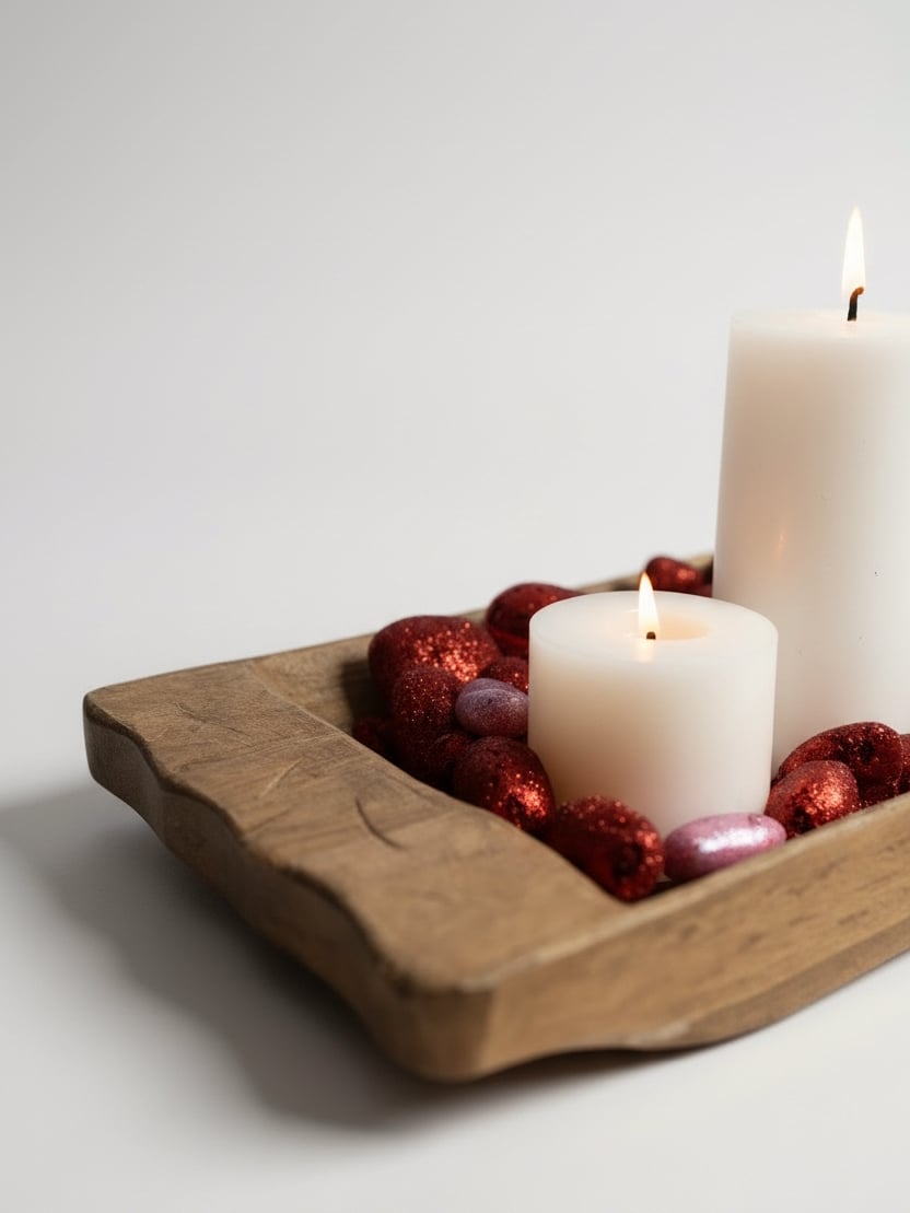 Close-up of a natural wood dough bowl filled with red berries and two white pillar candles on a clean, light background.