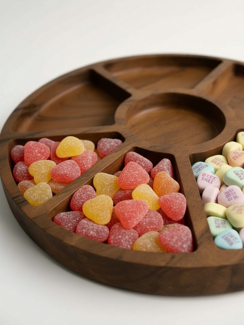 Close-up of a divided round acacia wood tray holding gumdrops and conversation hearts in separate compartments.