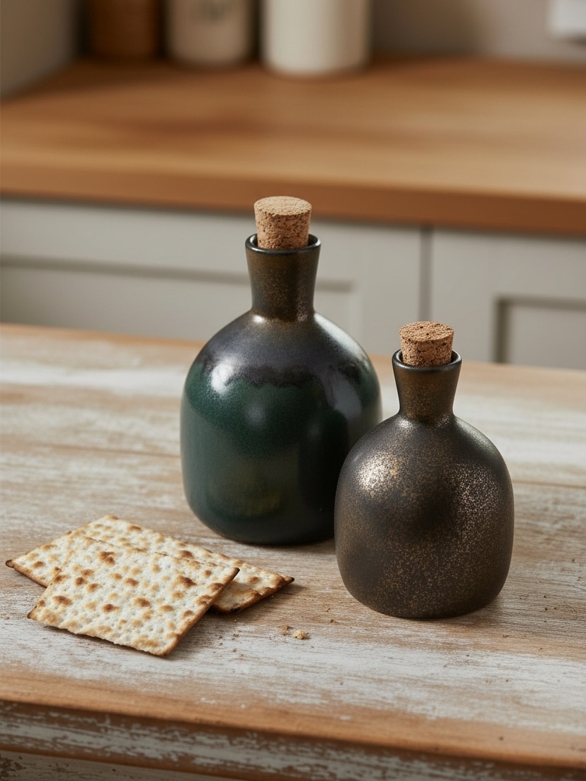Olive oil bottle set with cork stoppers shown from an angled view on a tabletop.