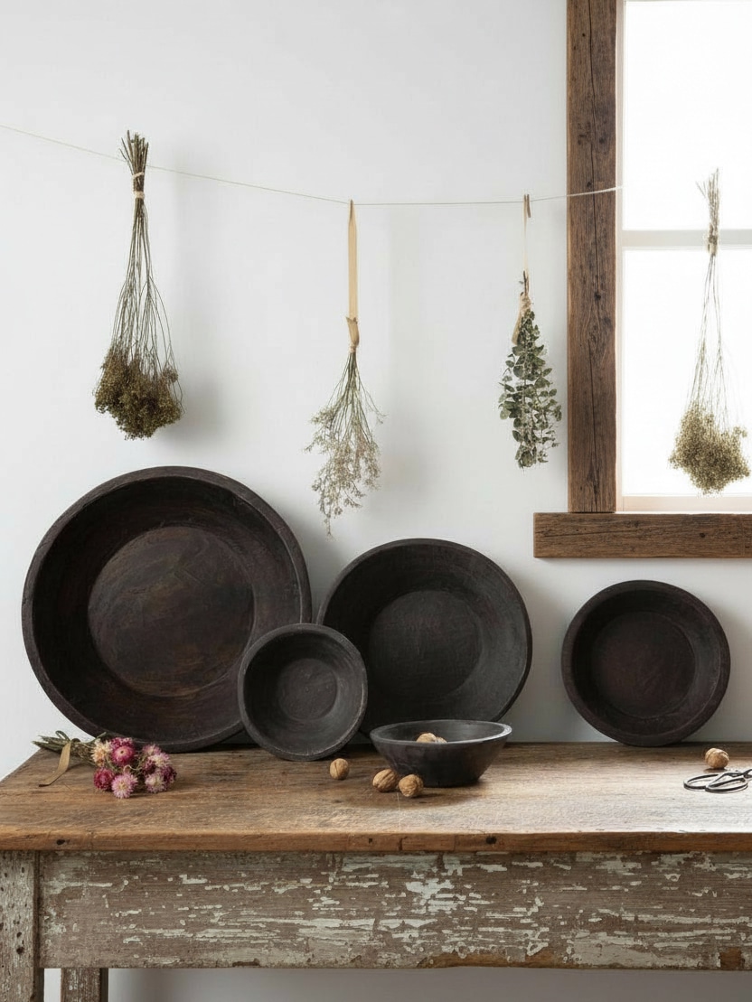 Found Dough Bowl Dark Wash collection in multiple sizes displayed against a wall on a rustic wood surface.