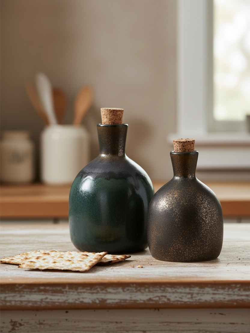 Olive oil bottle set with cork stoppers styled on a table with crackers nearby.