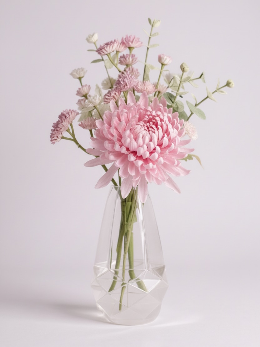 Clear faceted frosted vase holding pink florals, shown against a soft neutral background to highlight the geometric glass shape.