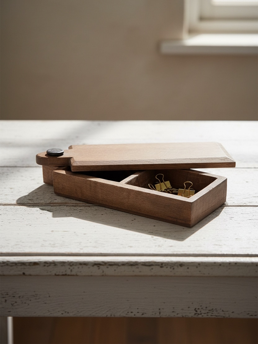 Wood Storage Box Long is shown from the side with the sliding lid partly open, revealing the divided interior compartments.