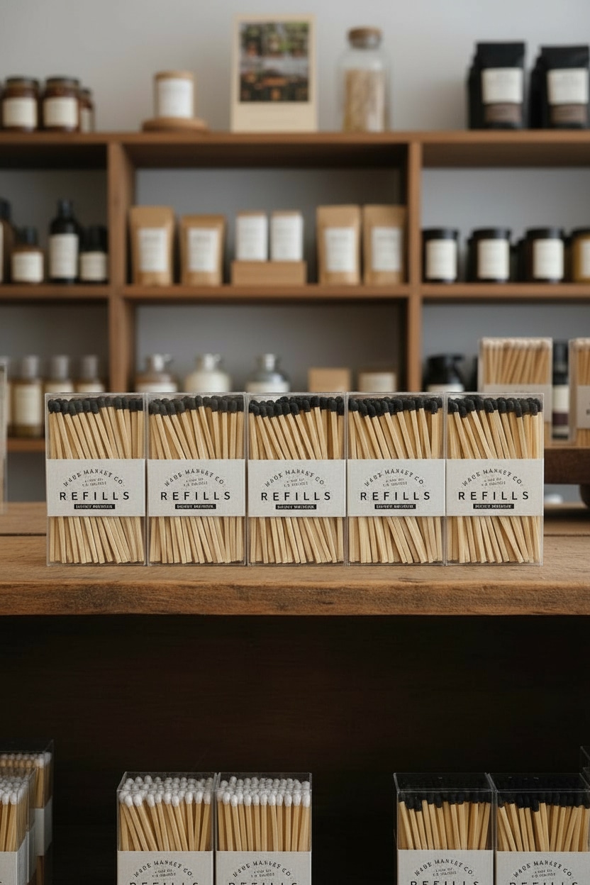 Row of Made Market Co Match Refills With Striker boxes lined up on a wooden counter.