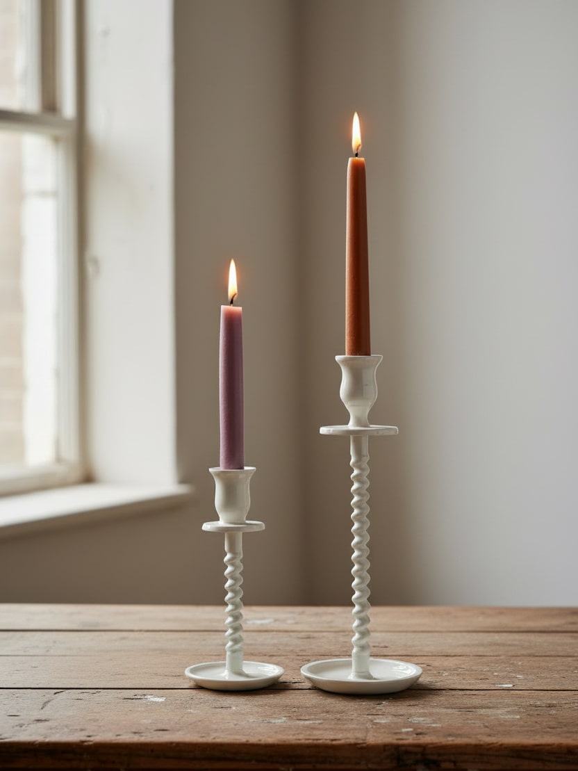 Large and small off-white corkscrew taper candle holders with burning candles styled beside a window in soft natural light