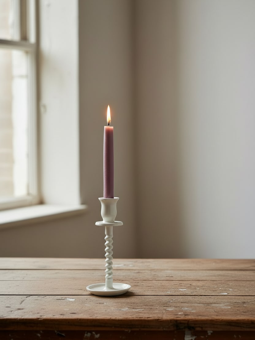 Off-white cast iron corkscrew taper candle holder small with a lit taper candle styled on a rustic wooden table near a window.