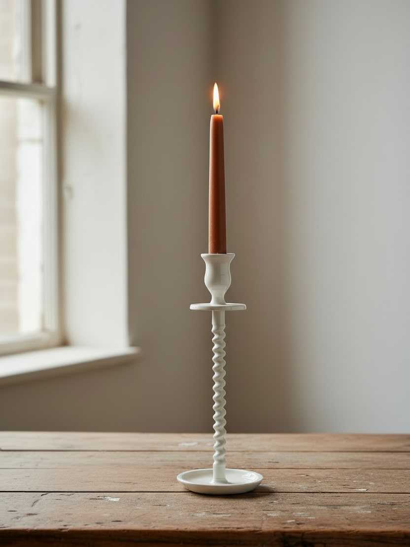 made-market-co-hays-ks-off-white-corkscrew-taper-candle-holder-large-lit Off-white corkscrew taper candle holder large with a lit brown taper candle styled on a wooden table near a window.