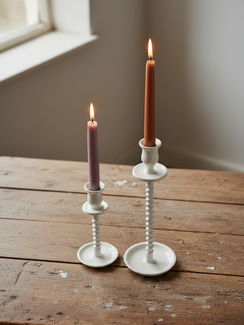 Off-white corkscrew taper candle holders in large and small sizes with lit taper candles styled together on a rustic wood table